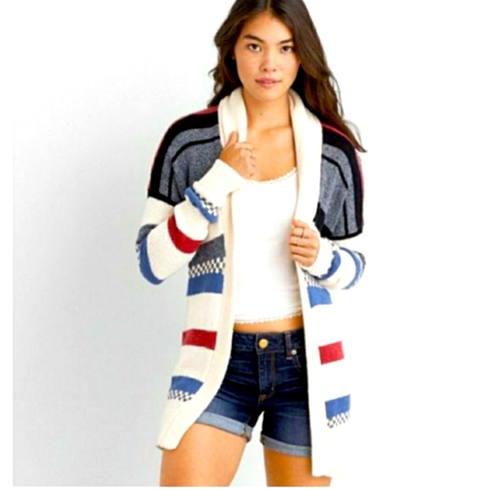 Striped Open-Front Cardigan Sweater in Cream, Blue & Red
